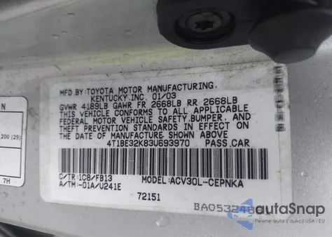 2003 Toyota Camry Le из США, поврежденный, VIN 4T1BE32K83U693970